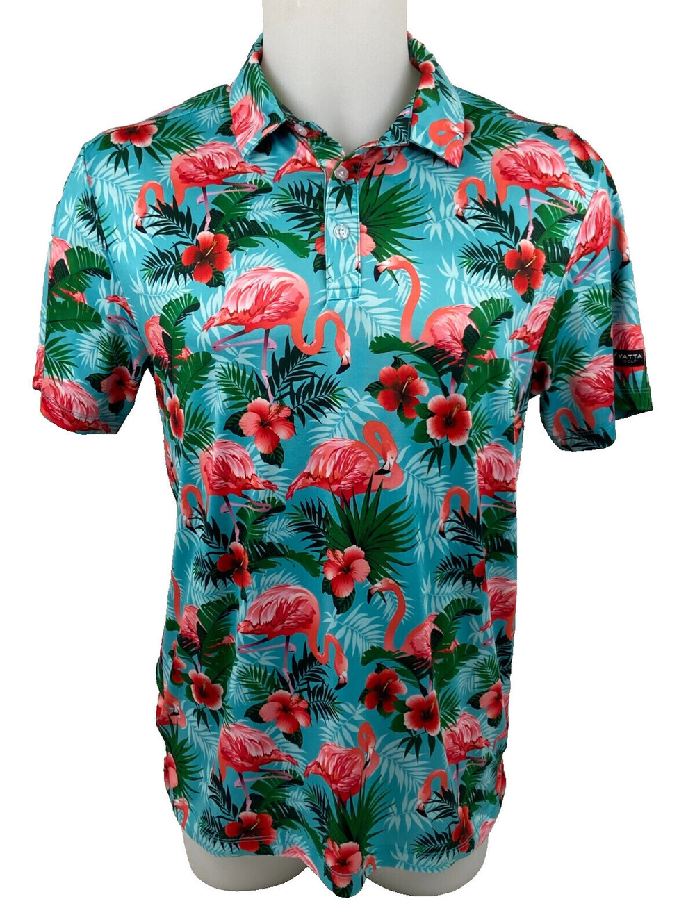 Yatta Men Medium Golf Polo Blue Flamingo Hibuscus Hawaiian Tropical